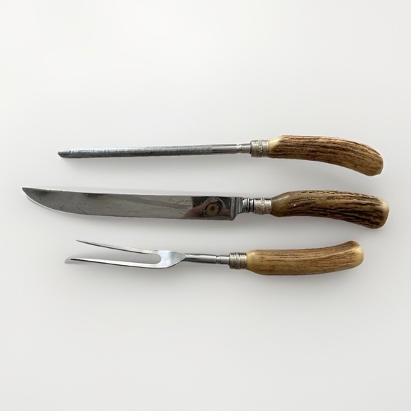 Vintage Armack Sheffield England Carving Set Stainless Stag Horn Handles MCM - Picture 2 of 11